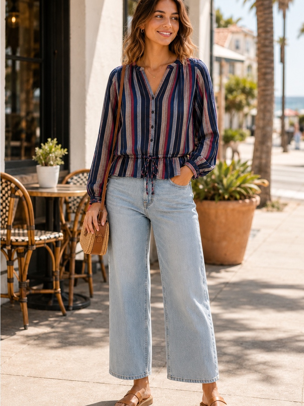 Rails Striped Linen Blend Peplum Blouse Women’s Medium Drawstring